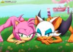 amy_rose ass bbmbbf feet looking_at_viewer mobius_unleashed palcomix pietro's_secret_club pink_fur rouge_the_bat sega sonic sonic_(series) white_fur