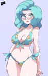 1girl 2018 big_breasts bigdead93 bikini bikini_top blue_eyes blue_hair blush breasts cleavage embarrassed front-tie_bikini glasses lipstick mole mole_under_eye original panties printed_bikini side-tie_bikini