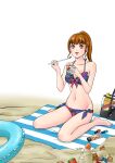 1girl alluring ball beach bikini brown_eyes brown_hair flint_goldtsuiker inflatable_tube iwa kikai_sentai_zenkaiger picnic_blanket shaved_ice sunscreen super_sentai voluptuous