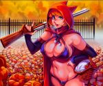  1girl alluring arm_sleeves bare_shoulders basket big_breasts bikini bow breasts cassettecreams caucasian cleavage curvy green_eyes gun hood little_red_riding_hood_(character) little_red_riding_hood_(copyright) looking_at_viewer navel non-nude outside parted_lips red_hair redhead sexy shotgun slut standing stomach thick thick_thighs thong wide_hips 