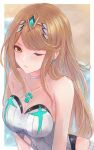  1girl 1girl alluring bare_shoulders blush brown_eyes brown_hair high_res jewelry leonmandala long_hair looking_at_viewer medium_breasts mythra mythra_(radiant_beach)_(xenoblade) nintendo one-piece_bikini one-piece_swimsuit one_eye_closed simple_background strapless strapless_one-piece_swimsuit swimsuit tiara water wet xenoblade_(series) xenoblade_chronicles_2 