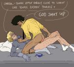  2boys anal andy_(cowboy_bepop) condom condom_in_penis cowboy_bebop dialogue male male_penetrated socks spike_spiegel yaoi yellow_shirt 