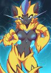 1girl 1girl 2018 absurd_res anthro areola blue_eyes breasts digital_media_(artwork) fangs feline furry high_res looking_at_viewer mammal nintendo nipples pokémon pokémon_(species) rainbowscreen video_games zeraora