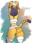 <3 1girl 2018 animal_crossing ankha ankha_(animal_crossing) anthro arnachy ass cat digital_media_(artwork) egyptian english_text feline furry hair high_res mammal musical_note nintendo rear_view short_hair stretching text video_games wraps