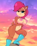 1girl 1girl anthro areola black_nose blue_eyes boots breasts chipmunk clothing eyelashes featureless_crotch footwear furry hair half-closed_eyes looking_at_viewer mammal navel nipples nitro red_hair rodent sally_acorn sega smile