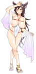 1girl 1girl 1girl animal_ears bare_shoulders big_breasts black_hair blush breasts breasts_out_of_clothes clavicle earrings emua erune granblue_fantasy hair_between_eyes high_heels high_resolution hips ilsa ilsa_(granblue_fantasy) jewelry legs long_hair nipples o-ring one-piece_swimsuit one_arm_up red_eyes sandals sash shoes simple_background sweater swimsuit thighs waist white_background white_sweater