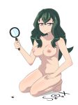 1girl bags_under_eyes breasts bug expressionless full_body fuwa_hyouka ghkwns00002 green_hair high_resolution kneel long_hair looking_at_viewer magnifying_glass medium_breasts navel nipples nude purple_eyes shimoneta_to_iu_gainen_ga_sonzai_shinai_taikutsu_na_sekai simple_background white_background