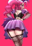 1girl ass blue_eyes clothed dress female female_only fishnet_stockings friendship_is_magic garter_straps humanized kneepits long_hair long_pink_hair looking_at_viewer my_little_pony panties pink_hair pinkie_pie pinkie_pie_(mlp) solo standing stockings upskirt