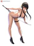 1girl 1girl 1girl alluring ass assassin bent_over big_breasts big_breasts black_hair cleavage feikyart female_human full_body human light-skinned_female light_skin mature_female sling_bikini spy_x_family standing sword tagme white_skin yor_briar yor_forger