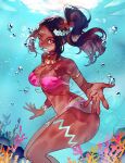 1girl 1girl absurd_res alluring alternate_costume armlet bangle bare_legs big_breasts bikini black_hair bracelet brown_eyes bubble cleavage commission coral_reef dark-skinned_female dark_skin fire_emblem fire_emblem_engage fish high_res intelligent_systems jewelry long_hair nintendo one_eye_closed ponytail sumustard swimsuit timerra_(fire_emblem) underwater