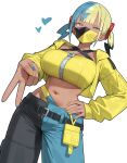 1girl ai_generated blue_eyes canari_(pokemon) canary_(pokemon) dark-skinned_female dark_skin face_mask hand_on_hip heart hips looking_at_viewer mask multicolored_hair navel peace_sign pokemon pokemon_legends:_z-a v white_background wide_hips xeno4994