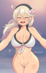 1girl ahoge alluring bare_legs bare_thighs big_breasts bikini bikini_top bikini_top_only cleavage closed_eyes corrin_(fire_emblem) corrin_(fire_emblem)_(female) corrin_(summer)_(fire_emblem)_(female) cute female_only fire_emblem fire_emblem_fates fire_emblem_heroes fire_emblem_warriors flower hair_flower hairband heart_ahoge hugging incoming_hug intelligent_systems long_hair naked_from_the_waist_down nintendo open_mouth outside pointy_ears pov_hug pubic_hair pussy raydango smile thighs