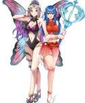 2_girls alluring bare_shoulders belt big_breasts bikini bikini_skirt blue_eyes blue_hair blush bracelet caeda_(fire_emblem) caeda_(summer)_(fire_emblem) cleavage closed_mouth clothing_cutout commentary_request facial_mark fairy_wings feet female_focus fire_emblem fire_emblem:_mystery_of_the_emblem fire_emblem_heroes fire_emblem_warriors forehead_mark full_body grey_hair hair_ornament hand_up high_heel_sandals high_heels high_res holding intelligent_systems jewelry leg_lift long_hair looking_at_viewer matching_hair/eyes medium_breasts midriff multiple_girls navel navel_cutout nintendo official_art one-piece_bikini open_mouth plumeria_(fire_emblem) plumeria_(summer)_(fire_emblem) pointy_ears ponytail ryouma_(galley) sandals see-through_clothes smile standing stomach swimsuit thigh_strap thorns toes transparent_background white_background wings