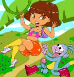  1boy 1girl backpack boots boots_(dora_the_explorer) breasts brown_eyes brown_hair dark-skinned_female dora_marquez dora_the_explorer female ironcoin latina male mexican monkey nick_jr. nickelodeon nipples penis 