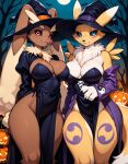 2girls ai_generated bandai_namco crossover digimon female female_furry furry halloween lopunny nintendo pokemon renamon yuukizero