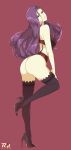 1girl 1girl alluring artist_name ass bare_shoulders big_breasts black_shoes black_thighhighs bra circlet earrings female_focus fire_emblem fire_emblem_echoes:_shadows_of_valentia fire_emblem_gaiden full_body glint high_heels high_res intelligent_systems jewelry leg_lift long_hair nintendo panties parted_lips pink_lips pumps purple_background purple_hair r3dfive red_bra red_eyes red_panties shoes smile sonya_(fire_emblem) standing standing_on_one_leg stiletto_heels stockings thong underwear underwear_only very_long_hair