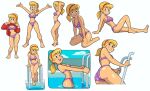 1girl 2025 aged_up ass bikini blonde_hair breasts cleavage diving_board frosty_the_snowman hairband karen_(frosty_the_snowman) mad_mad_mad_monsters multiple_views navel polka_dot polka_dot_bikini ponytail pool rankin-bass smile stealth_brock swimsuit thighs