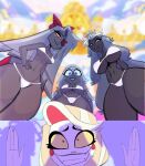 4girls angel angel_girl bikini buni bunibelol charlie_morningstar charlie_morningstar_(hazbin_hotel) emily_(hazbin_hotel) grin halo happy hazbin_hotel sera_(hazbin_hotel) seraph smile standing twitter two-piece_swimsuit vaggie_(hazbin_hotel) vivienne_medrano vivziepop white_bikini white_halo