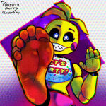 1girl 1girls animatronic animatronic_female chicken chicken_girl feet five_nights_at_freddy's five_nights_at_freddy's_2 fnaf foot_fetish holding_up_foot phasianid robot robot_girl scottgames sinistercherry toy_chica_(fnaf) toy_chica_(love_taste) waving waving_at_viewer