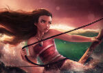 1girl axsens bare_arms bare_shoulders black_hair breasts brown_eyes closed_mouth collarbone dark-skinned_female dark_skin disney female_only female_solo floating_hair holding holding_rope jewelry lens_flare lips lipstick looking_to_the_side makeup moana_(disney) moana_waialiki neck necklace ocean outside red_tubetop rope sail sailing serious skirt small_breasts strapless sunset teenage_girl tubetop water waves white_skin