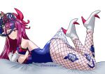 1girl alluring ass big_breasts blue_leotard elbow_gloves fascinator fire_emblem fire_emblem_engage fishnet_pantyhose fishnets gloves high_heels high_res intelligent_systems ivy_(fire_emblem) lace_pantyhose_hooked_on_heel_(meme) leotard long_hair looking_at_viewer lying mole mole_under_mouth nintendo novasvr on_stomach pantyhose purple_eyes purple_hair see-through_clothes see-through_headwear spiked stockings thorn_print white_gloves