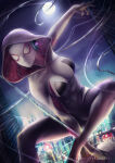 1girl arm_up axsens black_bodysuit bodysuit breasts building city cityscape cloud female_only female_solo full_moon gwen_stacy headphones headset heroine hooded hooded_bodysuit hoodie looking_to_the_side marvel marvel_comics mask medium_breasts moon multicolored_bodysuit multicolored_clothes night night_sky outside skin_tight sky spider-gwen spider-man_(series) spider_web spread_legs superhero_costume superheroine swinging teenage_girl two-tone_bodysuit web white_bodysuit white_mask