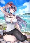 1girl absurd_res alluring alternate_costume basket beach big_breasts bottle choker commission commissioner_upload fire_emblem fire_emblem:_genealogy_of_the_holy_war flower hair_flower hair_ornament high_res intelligent_systems ishtar_(fire_emblem) nintendo non-web_source one-piece_bikini purple_eyes purple_hair sarong skeb_commission sunglasses swimsuit tobio_illust water white_one-piece_bikini