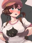 1boy 1girl backpack blue_eyes blush boris_(noborhys) brown_hair from_behind gegege_no_kitaro grabbing_breasts mana_inuyama pinching_nipple playing_with_breasts