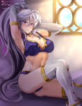 1girl 1girl abs adapted_costume adjusting_hair alluring anklet artist_name athletic_female blush bra choker cleavage collarbone day earrings elbow_gloves female_abs female_focus fire_emblem fire_emblem:_genealogy_of_the_holy_war fit_female gloves gold_trim hair_between_eyes hand_in_own_hair high_res hocen indoors intelligent_systems ishtar_(fire_emblem) jewelry long_hair looking_at_viewer medium_breasts midriff navel nintendo panties patreon_username ponytail purple_bra purple_eyes purple_panties signature silver_hair sitting stockings sunlight thighs underwear vilde_loh_hocen watermark web_address white_gloves white_thighhighs window
