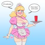1girl aged_up big_breasts blonde_female blonde_hair blue_eyes breasts choker cup dialogue dic_entertainment female female_focus female_only hourglass_figure inspector_gadget light-skinned_female light_blue_eyes light_skin maid_apron maid_cafe maid_headdress maid_outfit maid_uniform nervous nervous_face nervous_female nipple_bulge penny_gadget pink_outfit samson_00 serving_tray shiny_skin shy shy_expression solo solo_female solo_focus thighhigh_stockings twin_tails white_stockings
