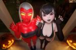 1girl 2_girls black_hair crossover dc_comics dc_comics halloween hotel_transylvania jack-o'-lantern justice_league looking_at_viewer mavis_dracula raven_(dc) smitty34 teen_titans vampire vampire_girl