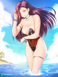1girl 1girl 1girls alluring alternate_costume bare_arms bare_legs bare_shoulders beach big_breasts bracelet cleavage collarbone earrings etchimune fire_emblem fire_emblem_echoes:_shadows_of_valentia gold_choker jewelry nintendo one-piece_bikini purple_eyes purple_hair sonya_(fire_emblem) swimsuit thigh_strap thighs
