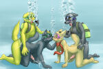 4boys air_tank anal anthro blush byondrage canine cum cum_while_penetrated fur group kissing looking_pleasured male male_only mammal multiple_boys nude original penetration scarf tongue tongue_out underwater water yaoi yaoi yellow_fur