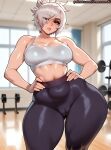 1girl ai_generated curvy curvy_female curvy_figure gym gym_clothes league_of_legends ponytail riven white_hair