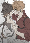 2boys ahoge blue_eyes brown_hair collarbone couple duo earrings eye_contact eyebrows_visible_through_hair genshin_impact hair_between_eyes incipient_kiss jewelry long_hair looking_at_another love low_ponytail male/male male_only multiple_boys neck open_clothes orange_eyes orange_hair parted_lips ponytail romantic romantic_couple short_hair tartaglia_(genshin_impact) tied_hair xia_(ryugo) yaoi zhongli_(genshin_impact)