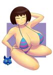 1girl 1girl 1girls ass big_breasts blue_and_pink blue_and_pink_bra blue_and_pink_panties bra breasts breasts_bigger_than_head brown_hair female_frisk female_only frisk hair hand_on_ass hand_on_butt hand_on_head looking looking_at_viewer panties purple_background short_hair solo_female toby_fox transparent_background undertale undertale_(series) wolfart1212