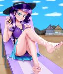 1girl blue_eyes crossed_legs_(sitting) equestria_girls female female_only focus_bx friendship_is_magic hat humanized long_hair long_purple_hair mostly_nude my_little_pony outdoor outside purple_hair rarity rarity_(mlp) sitting solo swimsuit