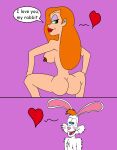 1boy 1girl 2022 ass disney english_text eyebrows eyelashes green_eyes hearts jessica_rabbit lips lipstick matiriani1999 nude nude_female pink_background rabbit rabbit_ears red_hair roger_rabbit sexy sexy_body sideboob speech_bubble touchstone who_framed_roger_rabbit