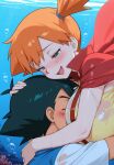 1boy 1girl ai_generated aioddity between_breasts black_hair blue_eyes blush breast_smother breasts cape female half-closed_eyes huge_breasts hugging kasumi_(pokemon) male nintendo open_mouth orange_hair pokemon pokemon_(anime) satoshi_(pokemon) shirt short_sleeves side_ponytail sleeveless smile suspenders underwater wet_clothes