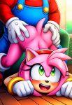 1boy 1girl ai-generated all_fours ambiguous_penetration amy_rose ass ass_grab blue_overalls blush boots clothed_male_nude_female crackship crossover doggy_position furry furry_female gloves green_eyes happy happy_sex head_out_of_frame highres1boy indoors interspecies male mario mario_(series) nintendo nude open_mouth out_of_frame overalls pink_fur red_shirt sega sex sex_from_behind shirt smile sonic_the_hedgehog_(series) standing_doggystyle tail top-down_bottom-up wooden_floor