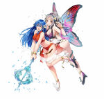 2_girls alluring ass bare_shoulders bikini blue_eyes blue_hair caeda_(fire_emblem) cleavage fairy_wings feet female_focus fire_emblem fire_emblem:_mystery_of_the_emblem fire_emblem_heroes fire_emblem_warriors full_body hair_ornament high_heels intelligent_systems long_hair matching_hair/eyes medium_breasts midriff multiple_girls navel nintendo official_art one-piece_bikini one_eye_closed plumeria_(fire_emblem) pointy_ears ryouma_(galley) sandals simple_background swimsuit toes torn_clothes white_background white_footwear wince wings