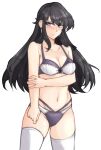 1girl 1girl 1girl absurd_res alluring alternate_costume annoyed ass_visible_through_thighs ayra_(fire_emblem) bangs bare_shoulders black_hair blush bra cleavage cowboy_shot earrings female_only fire_emblem fire_emblem:_genealogy_of_the_holy_war high_res holding_own_arm intelligent_systems jewelry long_hair looking_at_viewer medium_breasts navel nintendo panties purple_eyes purple_panties simple_background stockings thighs tridisart underwear white_panties