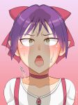 1girl bow_on_head gegege_no_kitaro mouth_open neko_musume penis_shadow purple_hair shocked sweat yellow_eyes