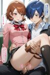 1boy 1girl ai_generated blue_hair brown_hair couple cum cum_in_ass minato_arisato persona persona_3 pussy sitting_on_lap yukari_takeba yuuki_makoto