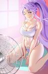 1girl absurd_res alluring bra electric_fan fire_emblem fire_emblem:_genealogy_of_the_holy_war high_res intelligent_systems jackary kneel nail_polish nintendo one_eye_closed ponytail purple_eyes purple_hair purple_nails tailtiu_(fire_emblem) thick_thighs thighs underwear wink