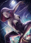 1girl arm_up axsens black_bodysuit bodysuit breasts building city cityscape cloud female_only female_solo full_moon gwen_stacy headphones headset heroine hooded hooded_bodysuit hoodie looking_to_the_side marvel marvel_comics mask medium_breasts moon multicolored_bodysuit multicolored_clothes night night_sky outside skin_tight sky spider-gwen spider-man_(series) spider_web spread_legs superhero_costume superheroine swinging teenage_girl two-tone_bodysuit web white_bodysuit white_mask