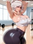 1girl ai_generated curvy curvy_female curvy_figure gym gym_clothes league_of_legends ponytail riven white_hair