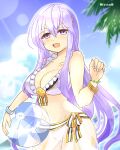 1girl 1girl :d alluring ball beachball bead_bracelet beads bikini blue_sky blush bracelet circlet cleavage cloud cloudy_sky commentary cowboy_shot day female_focus fire_emblem fire_emblem:_genealogy_of_the_holy_war frilled_bikini frills hair_between_eyes holding holding_ball holding_beachball intelligent_systems jewelry julia_(fire_emblem) lens_flare long_hair looking_at_viewer medium_breasts midriff nail_polish navel nintendo open_mouth outside palm_tree purple_eyes purple_hair sarong see-through_clothes sky smile sunlight swimsuit thighs tree twitter_username white_bikini white_nails yukia_(firstaid0)