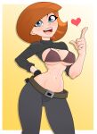 1girl ann_possible belt big_breasts black_gloves black_shirt blue_eyes blush border bra breasts brown_belt cleavage disney female_only female_solo gloves gradient gradient_background grey_pants hand_on_hip hand_up happy head_tilt heart index_finger_raised kim_possible lips long_sleeves looking_at_viewer midriff milf navel open_mouth orange_hair outside_border pants rodjim round_teeth shirt short_hair single_glove smile standing teeth turtleneck turtleneck_shirt under_boob upper_teeth upper_teeth_only upshirt white_border yellow_background