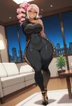 1girl ai_generated bodysuit curvy curvy_female curvy_figure dark-skinned_female night pink_hair ponytail